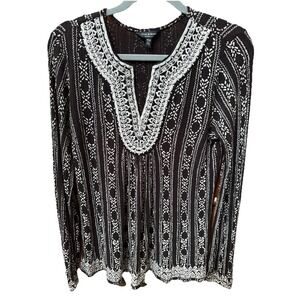 Lucky Brand Womens Tunic Blouse Boho‎ V Neck Geometric Print Size Medium